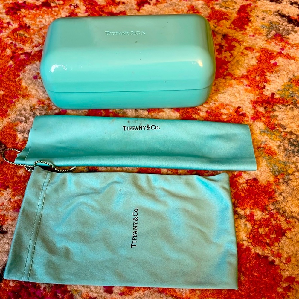 Tiffany & Co - sunglass hard case, cloth drawstring pouch and cleaning cloth.